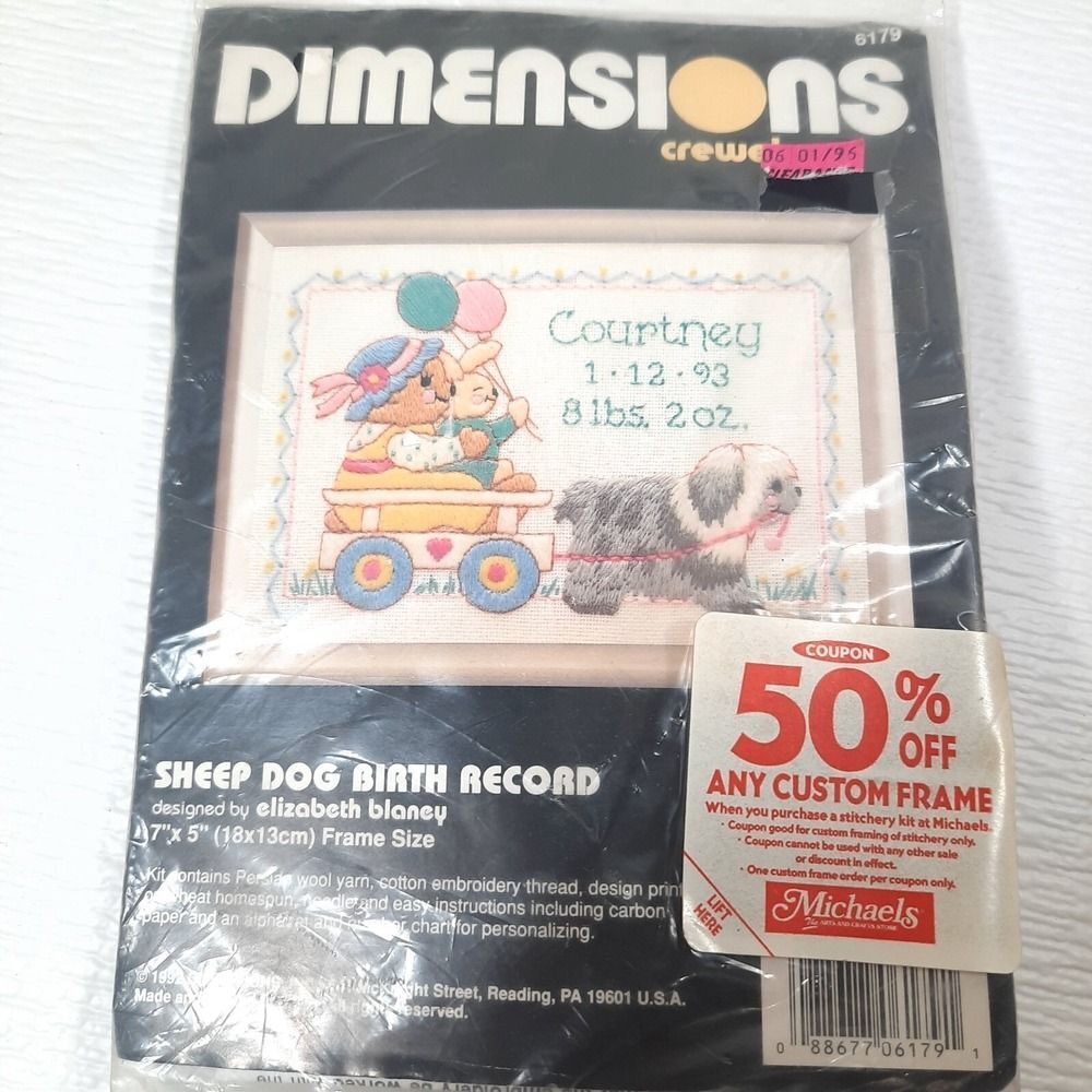 NEW Dimensions Crewel Kit Sheep dog Birth Record #6179 bear bunny wagon Vintage